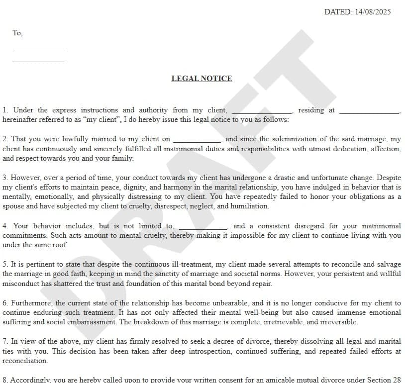 Divorce Notice Format PDF