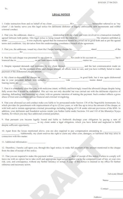 Cheque Bounce Notice Sample