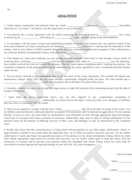 Legal notice to tenant to vacate 