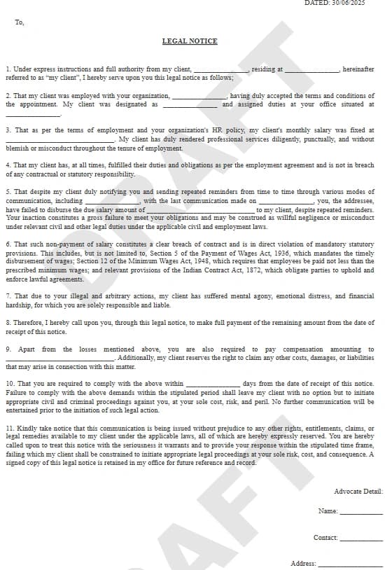 Non-Payment of Salary Notice Format