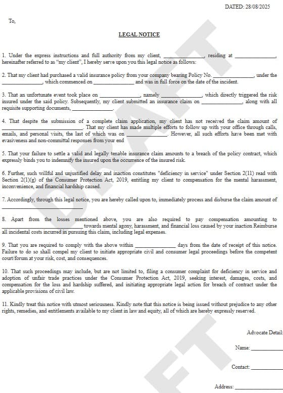Legal Notice for Insurance Claim Format