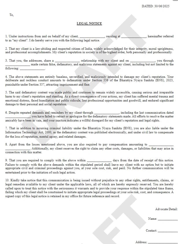 Defamation Notice Format