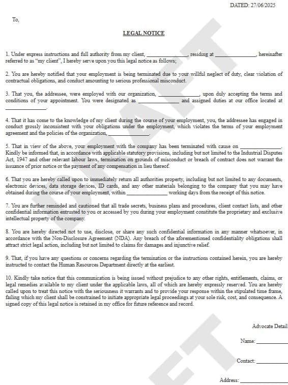 Termination Notice Format in PDF