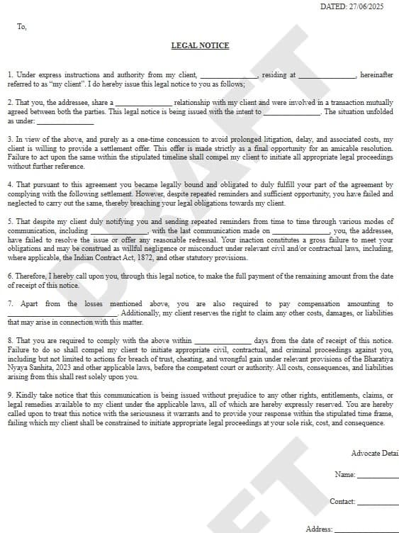 Settlement Notice Format PDF