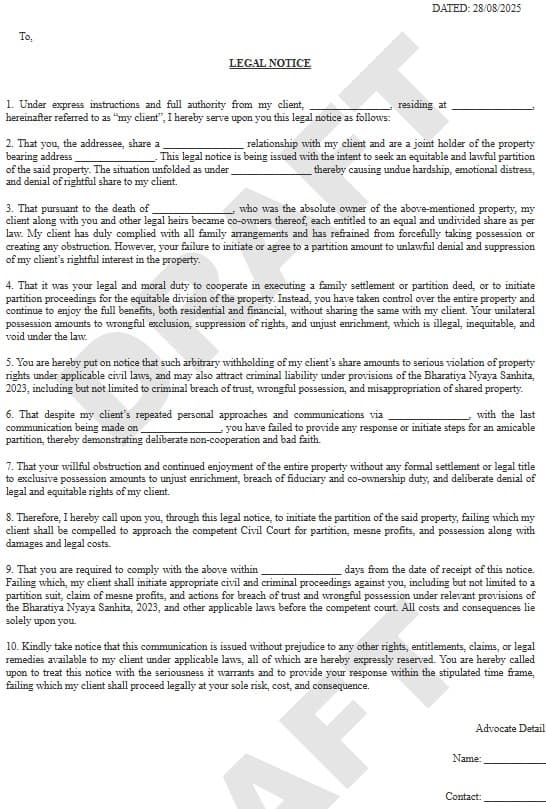 Property Partition Notice Template