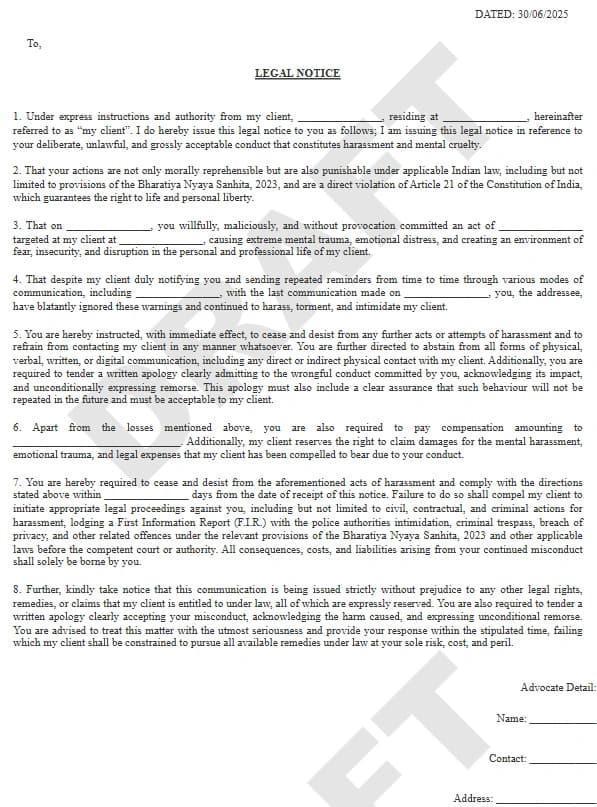 Harassment Notice Format PDF